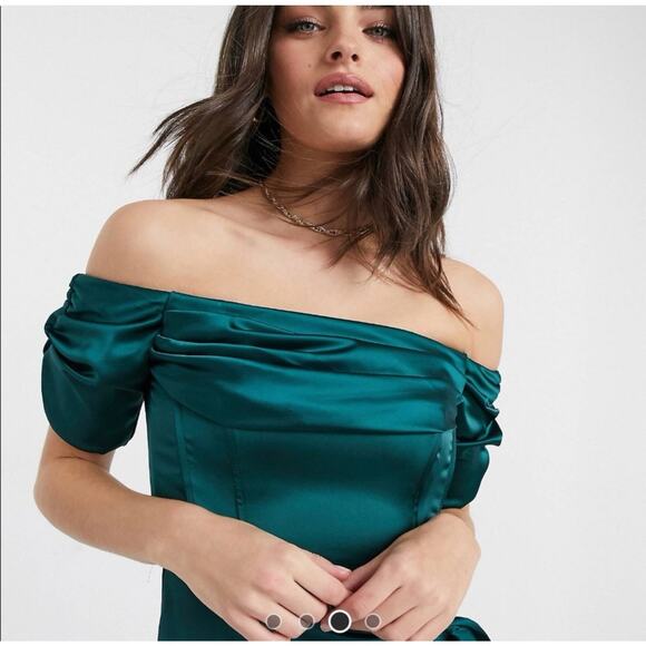 NWT Flounce London bardot ruched midi dress with thigh split wrap tie waist 4 - Picture 3 of 5